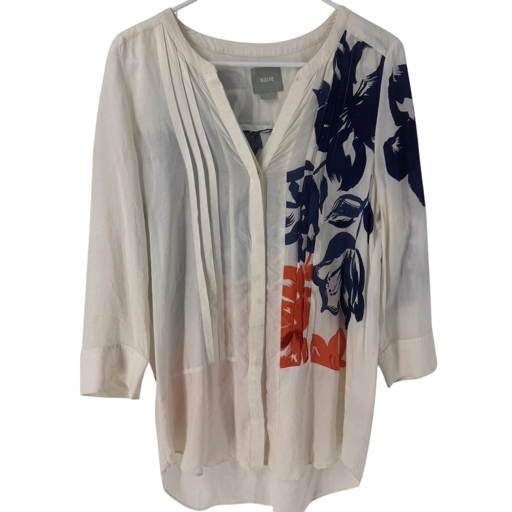 Maeve Anthropologie Womens Floral Pleated Split Neck 3/4 Sleeve Rayon Blouse 10 - Picture 2 of 9